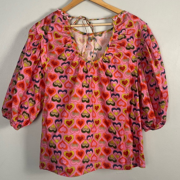 Emily Lovelock Pink Multicolor Heart Print Blouse preppy size 10-12 (large) - Picture 3 of 5
